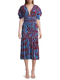 Smocked Velvet Midi-Dress