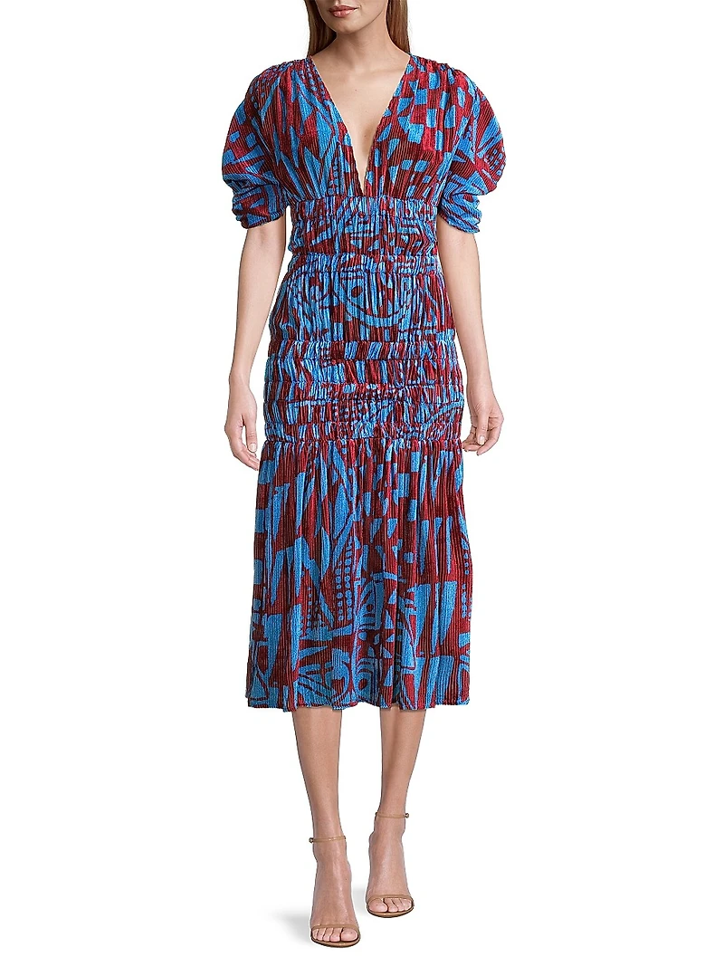 Smocked Velvet Midi-Dress