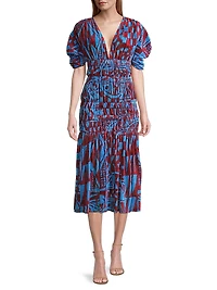 Smocked Velvet Midi-Dress