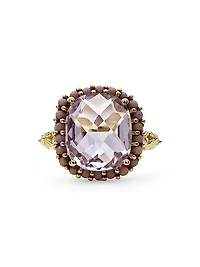 Luxury 18K Yellow Gold, Amethyst, & Phosphosiderite Halo Ring