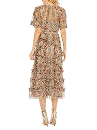 Ruffled Floral Mesh Midi-Dress