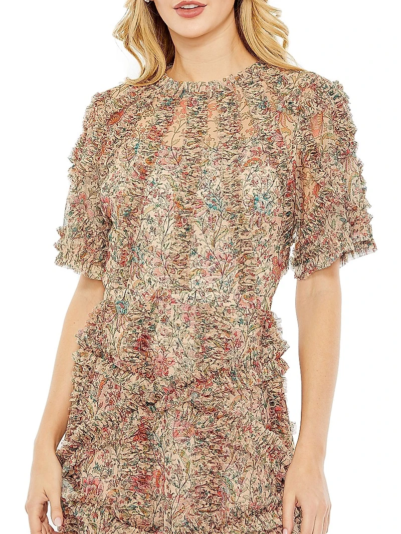 Ruffled Floral Mesh Midi-Dress