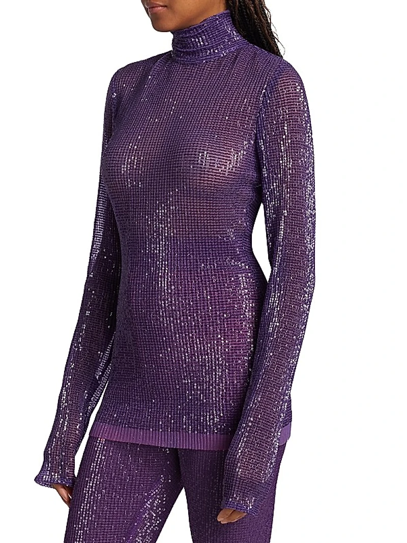Sequined Mesh Turtleneck Top