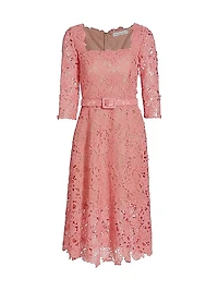 Belted Floral-Lace Midi-Dress