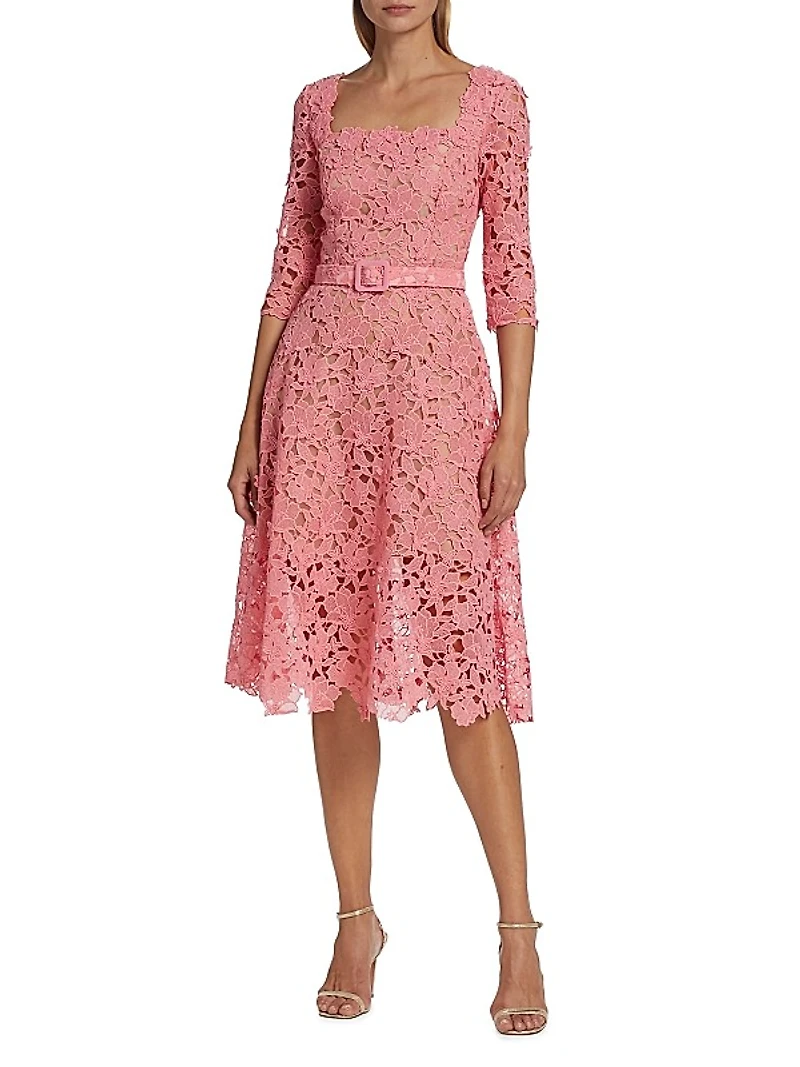 Belted Floral-Lace Midi-Dress
