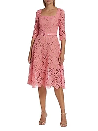 Belted Floral-Lace Midi-Dress