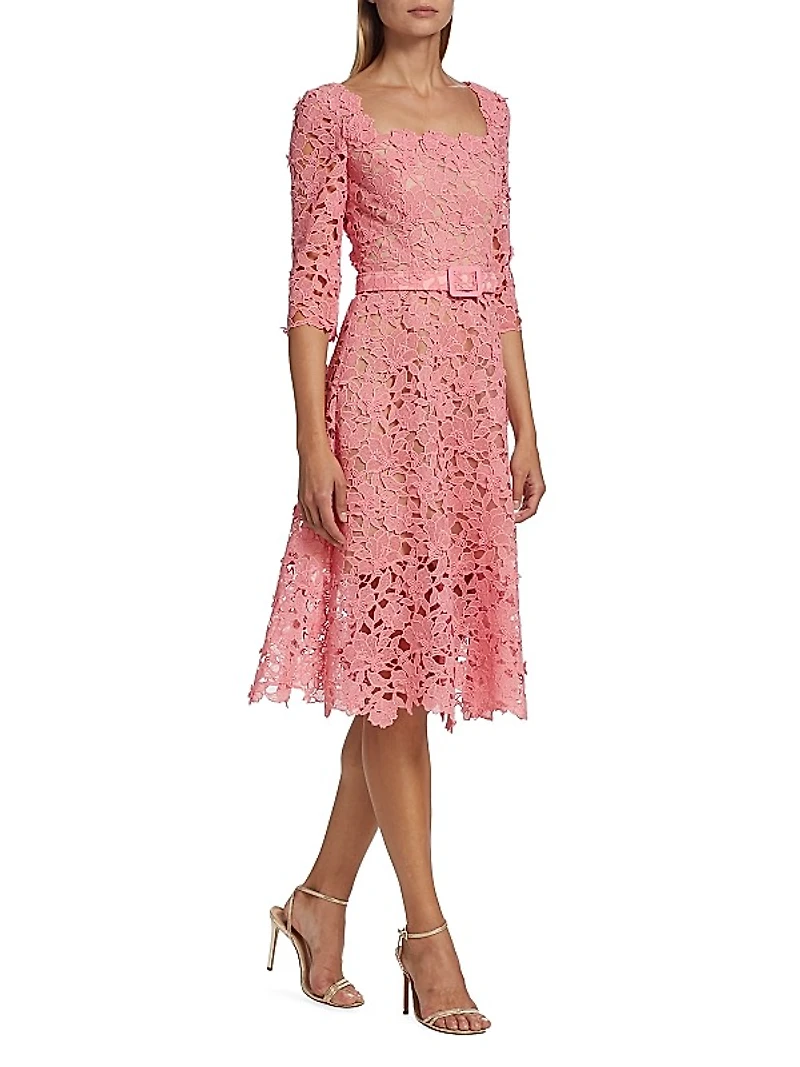 Belted Floral-Lace Midi-Dress