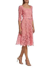 Belted Floral-Lace Midi-Dress
