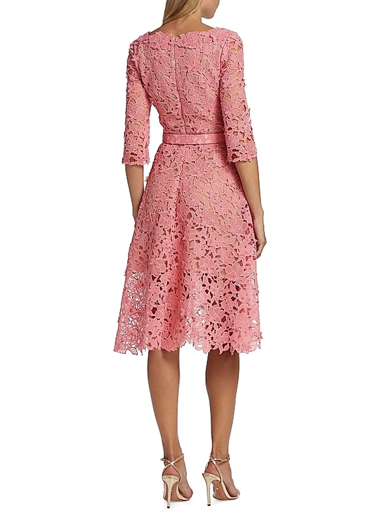 Belted Floral-Lace Midi-Dress