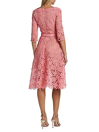 Belted Floral-Lace Midi-Dress