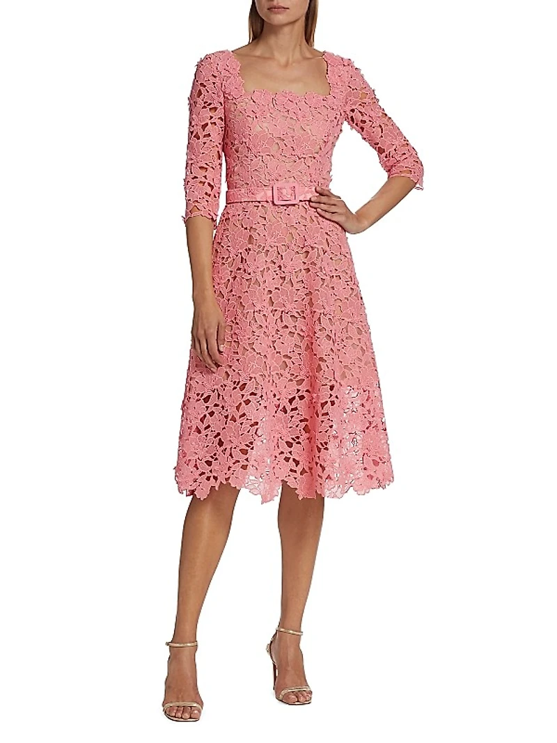 Belted Floral-Lace Midi-Dress