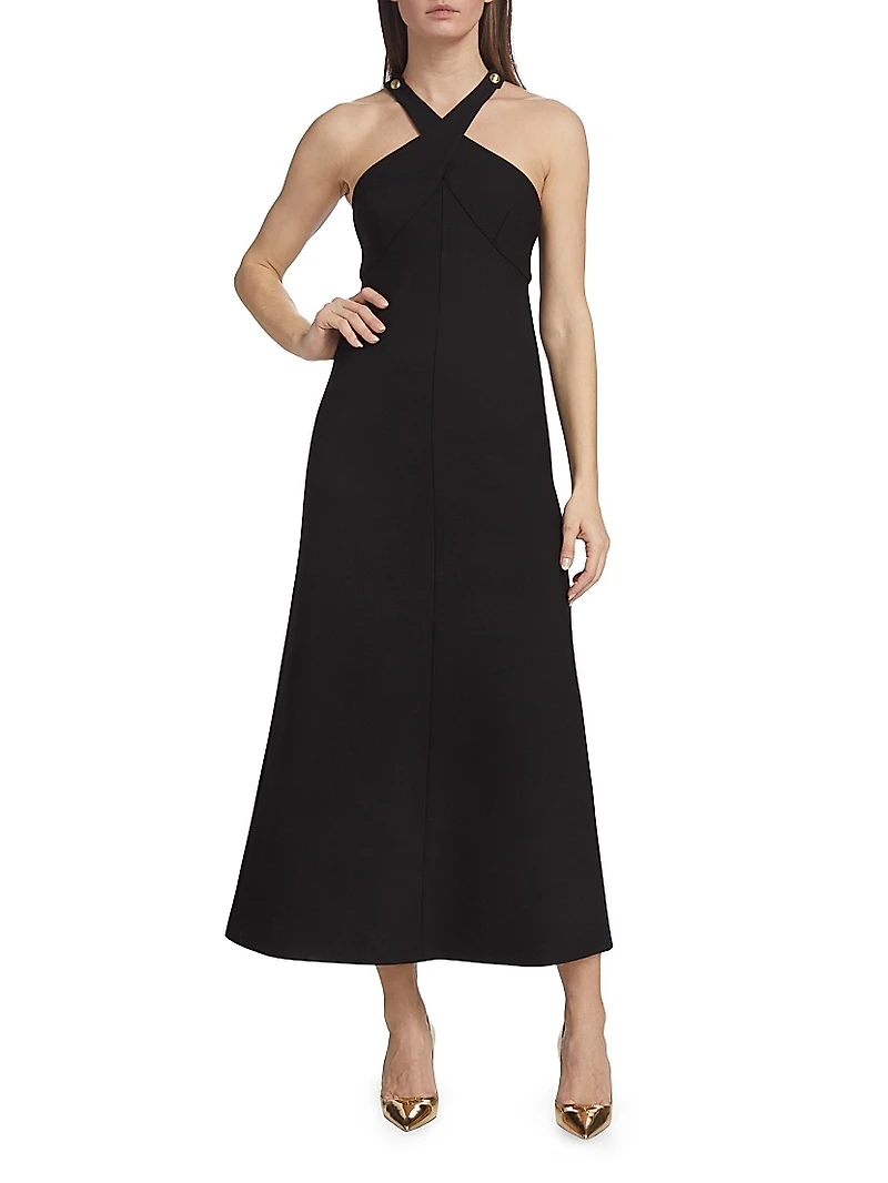 Buttoned Halterneck Midi-Dress