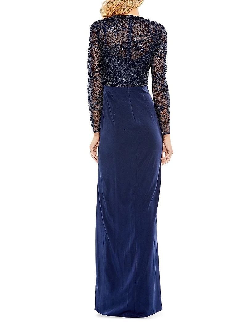 Embellished Faux-Wrap Floor-Length Gown