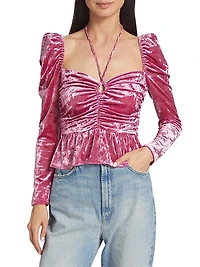 Cedella Ruched Stretch Velvet Peplum Top