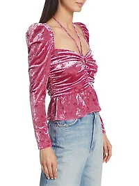 Cedella Ruched Stretch Velvet Peplum Top