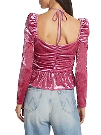 Cedella Ruched Stretch Velvet Peplum Top