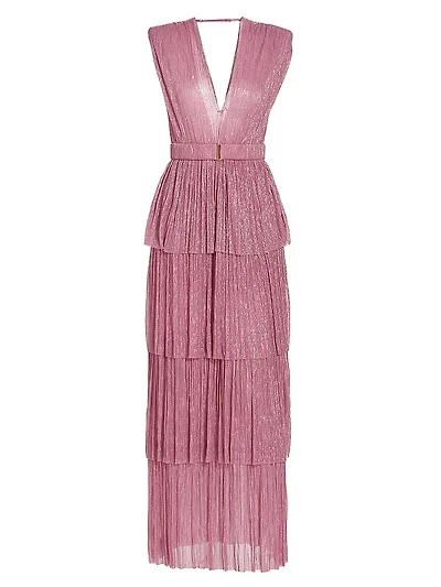 Skylar Tiered Belted Metallic Gown