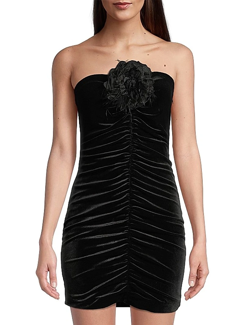 Susana Flower Velvet Ruched Strapless Minidress