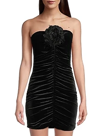 Susana Flower Velvet Ruched Strapless Minidress