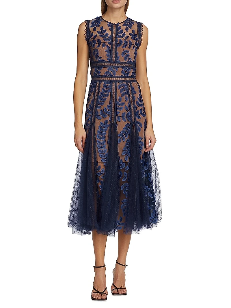 Saba Embroidered Mesh Midi-Dress
