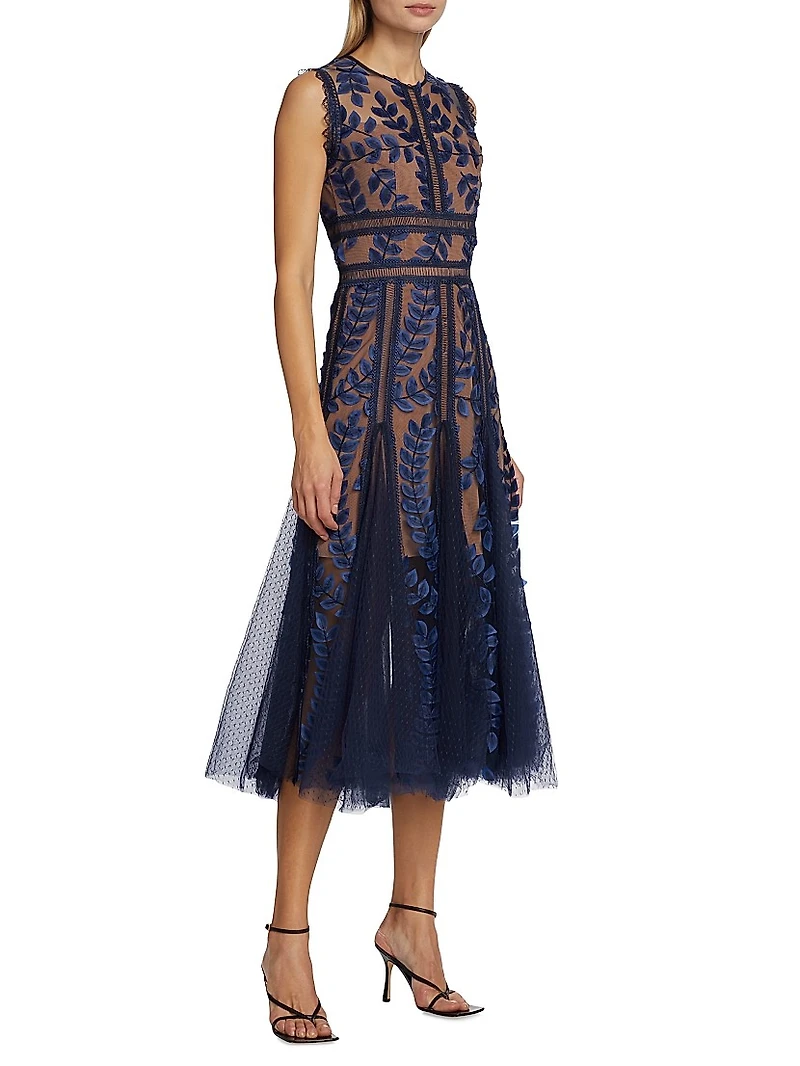 Saba Embroidered Mesh Midi-Dress