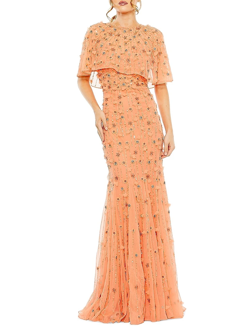 Embellished Illusion Cape-Sleeve Trumpet Gown