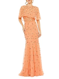 Embellished Illusion Cape-Sleeve Trumpet Gown