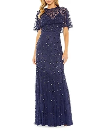 Embellished Illusion Cape-Sleeve Trumpet Gown