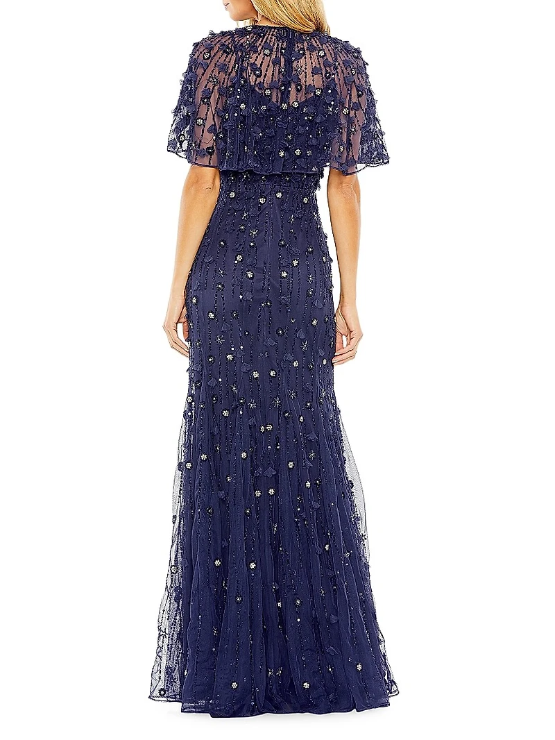 Embellished Illusion Cape-Sleeve Trumpet Gown