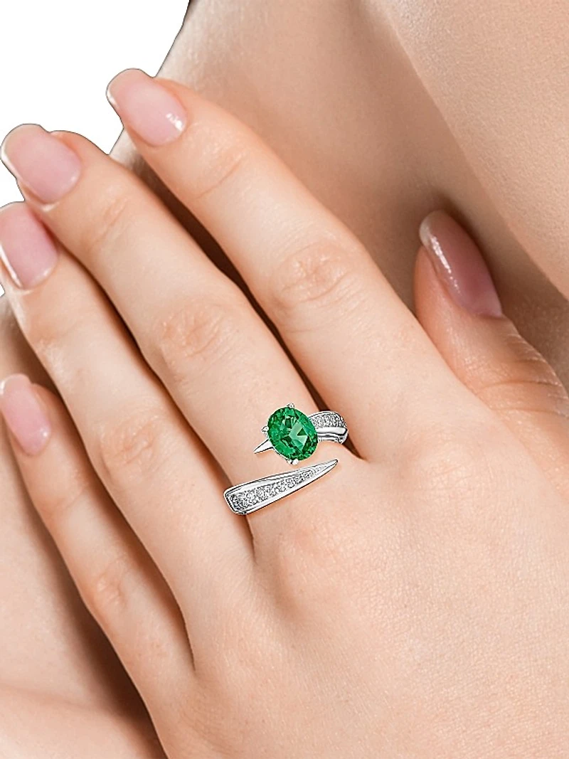 18K White Gold, Emerald & 0.358 TCW Diamond Bypass Ring