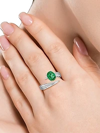 18K White Gold, Emerald & 0.358 TCW Diamond Bypass Ring