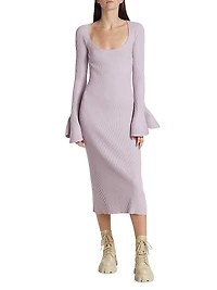 Rib-Knit Fluted Sweaterdress