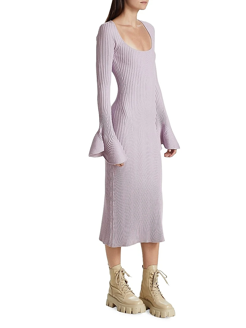 Rib-Knit Fluted Sweaterdress