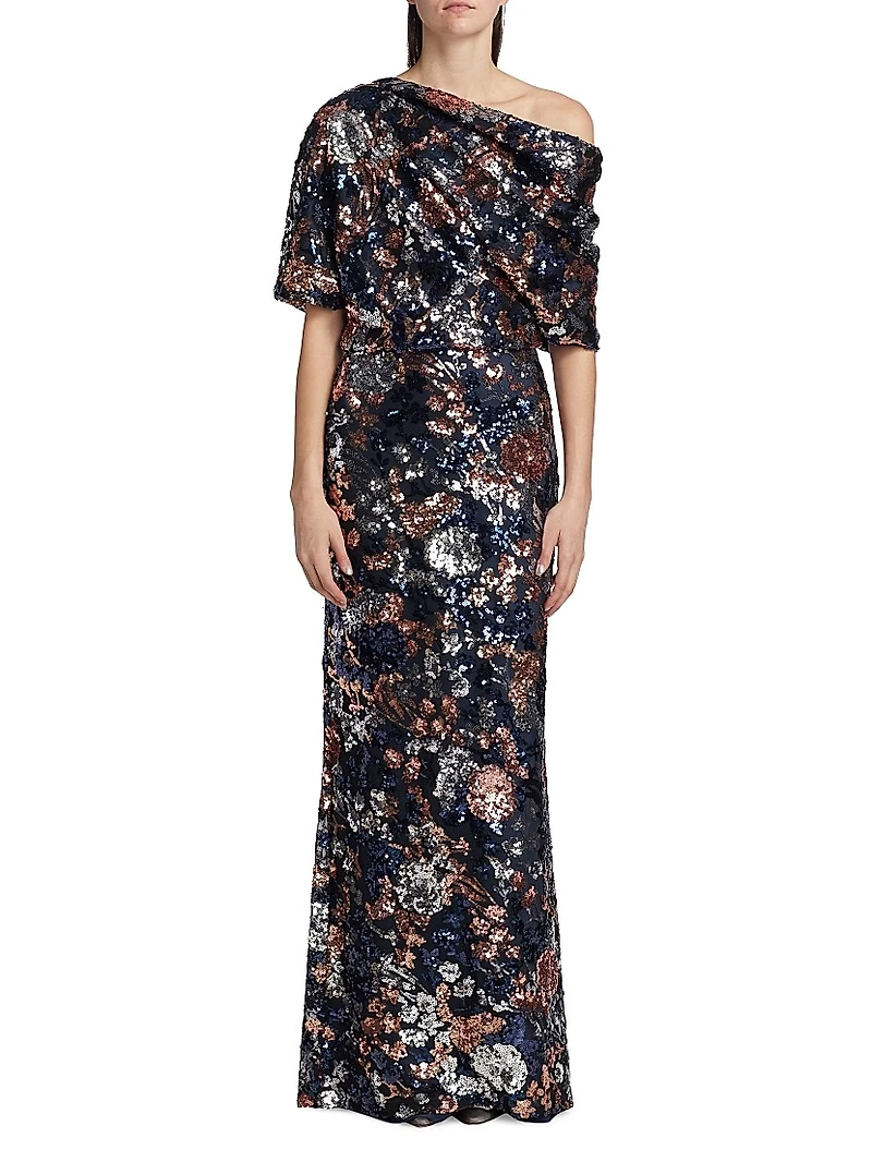 Floral Sequined Off-The-Shoulder Gown