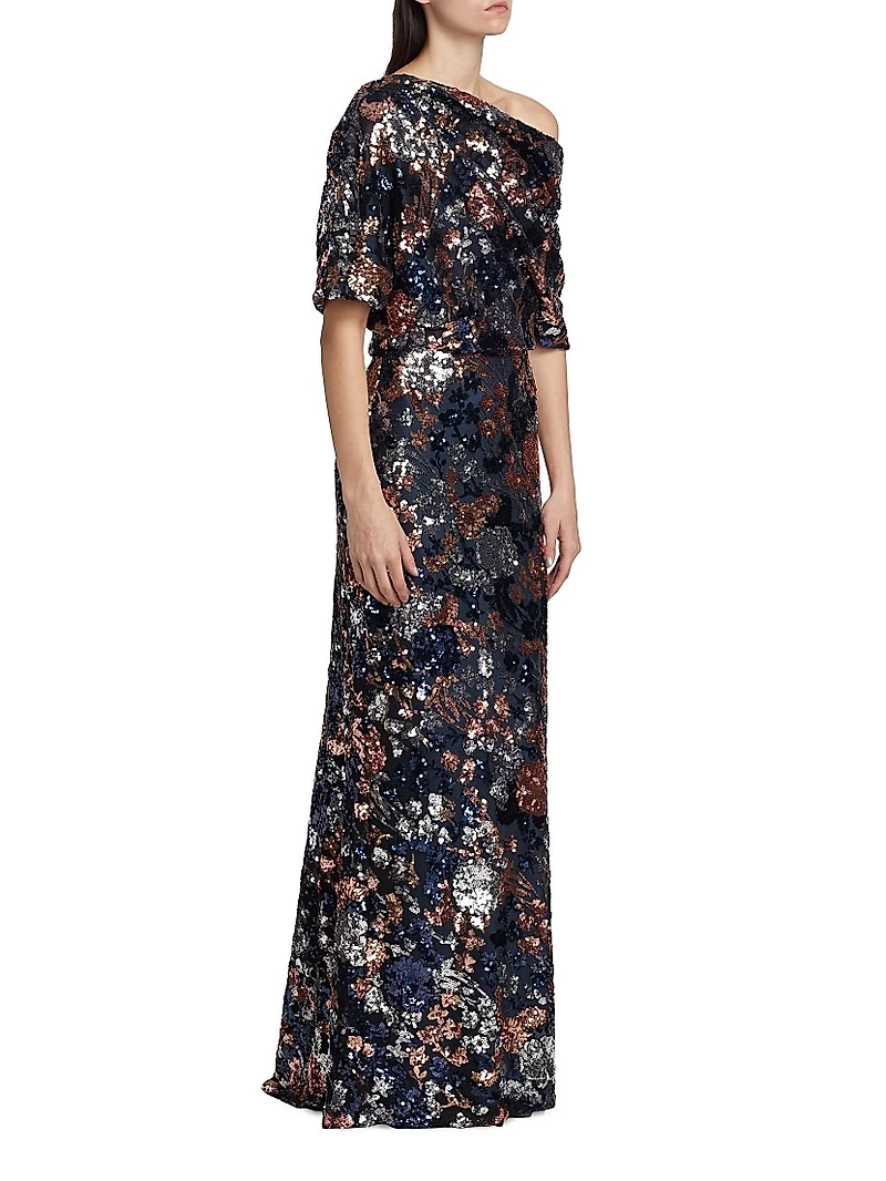 Floral Sequined Off-The-Shoulder Gown