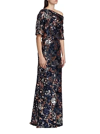Floral Sequined Off-The-Shoulder Gown