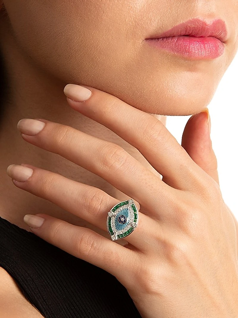 Guardian 14K White Gold, Diamond, Tsavorite & Blue Sapphire Ring