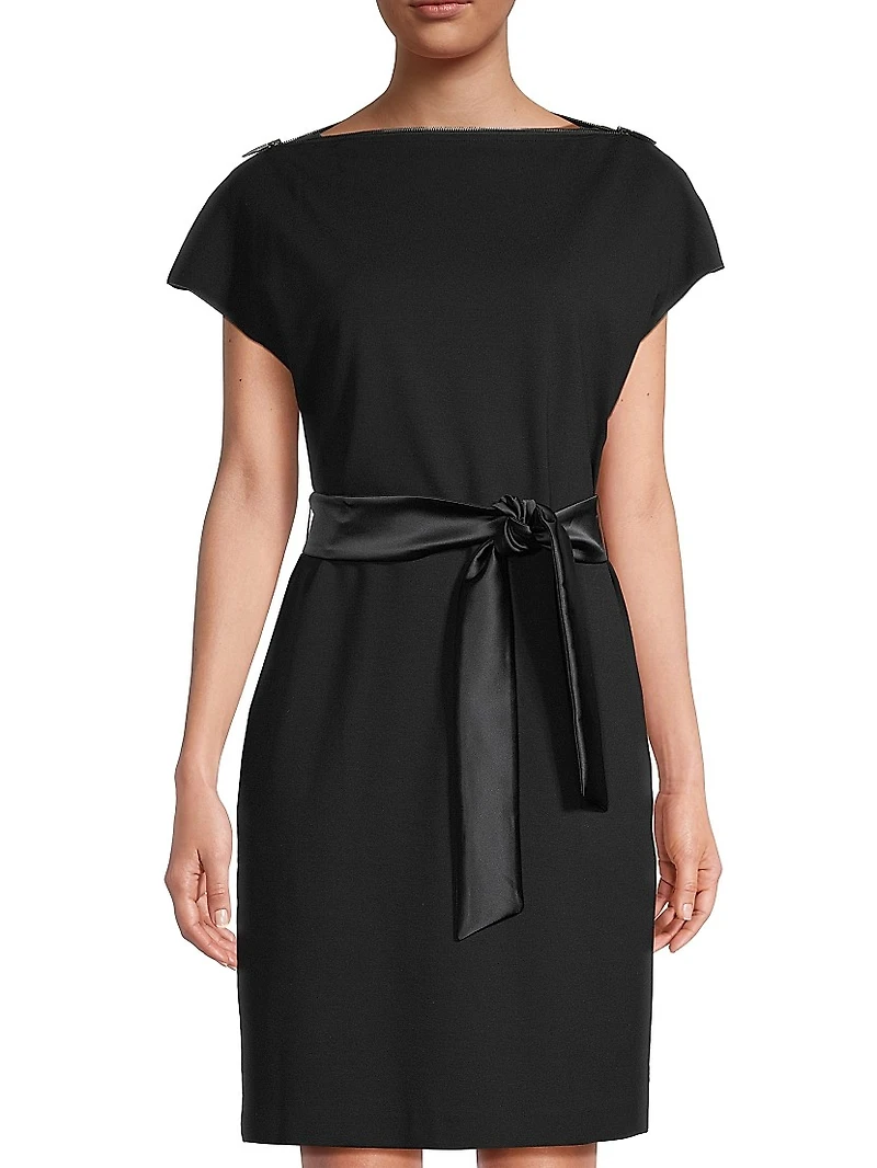 Satin Belt Cap-Sleeve Sheath Dress