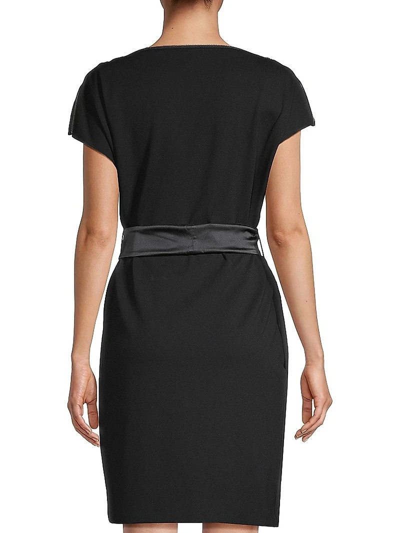 Satin Belt Cap-Sleeve Sheath Dress