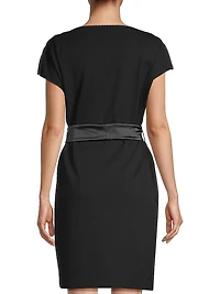 Satin Belt Cap-Sleeve Sheath Dress