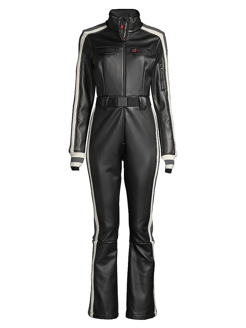 Crystal Belted Stripe Faux Leather Ski Suit