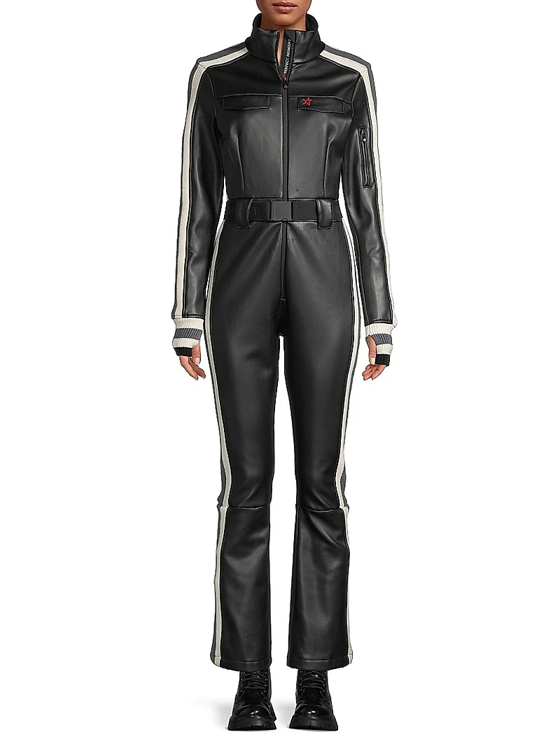 Crystal Belted Stripe Faux Leather Ski Suit