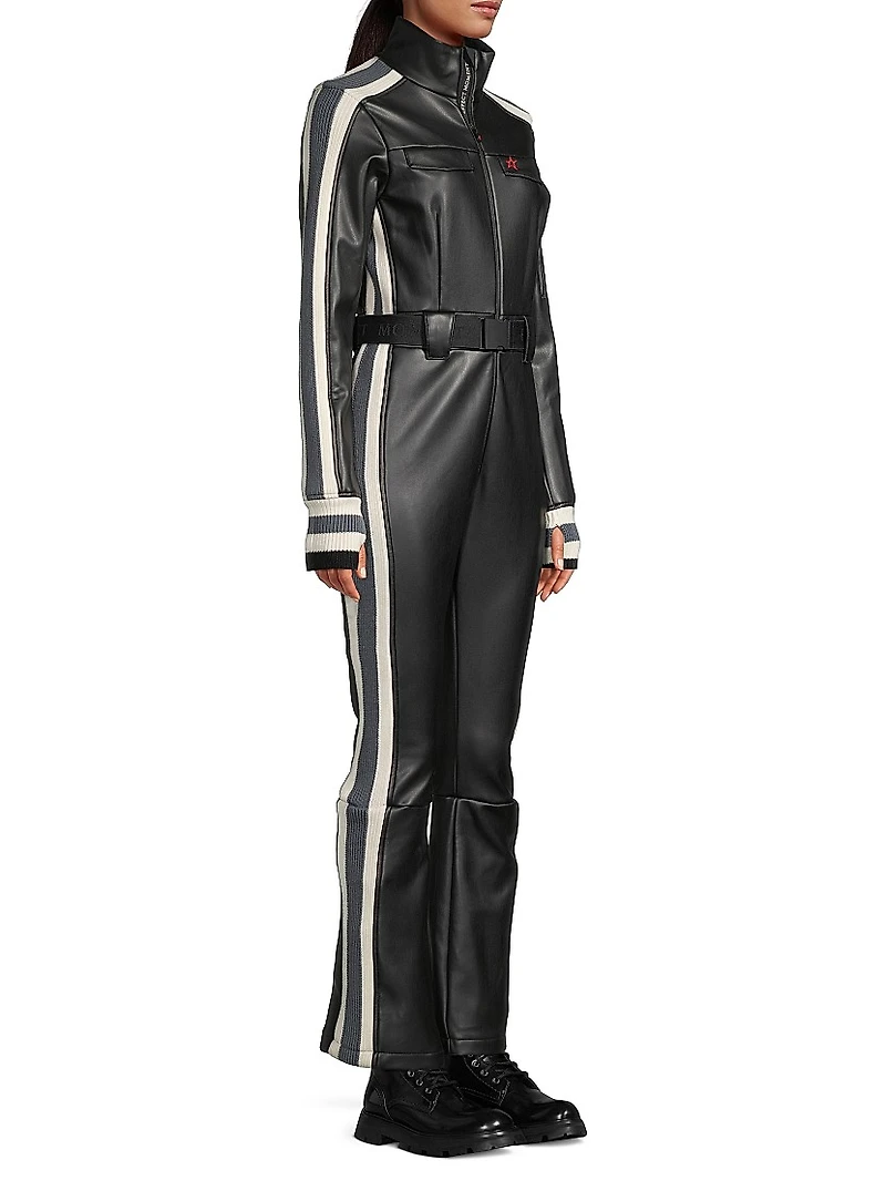 Crystal Belted Stripe Faux Leather Ski Suit