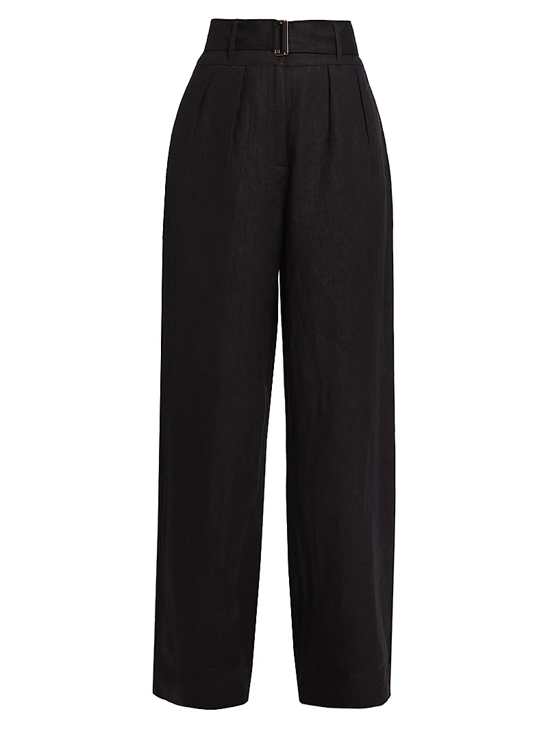 Alina Belted Pleated Linen Wide-Leg Pants