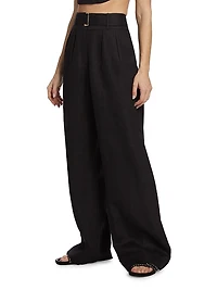 Alina Belted Pleated Linen Wide-Leg Pants