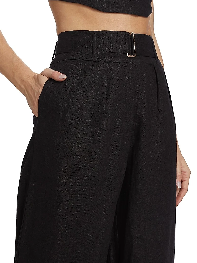 Alina Belted Pleated Linen Wide-Leg Pants