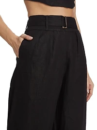 Alina Belted Pleated Linen Wide-Leg Pants