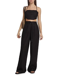 Alina Belted Pleated Linen Wide-Leg Pants