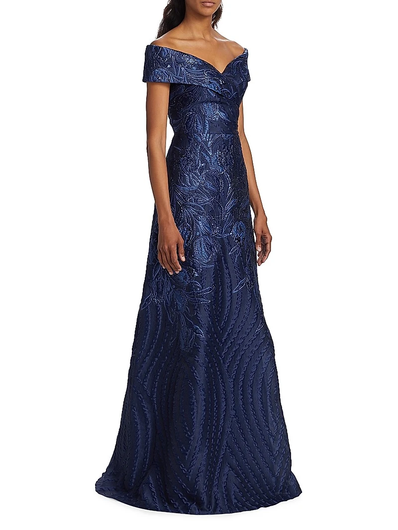 Metallic Floral Off-The-Shoulder Gown