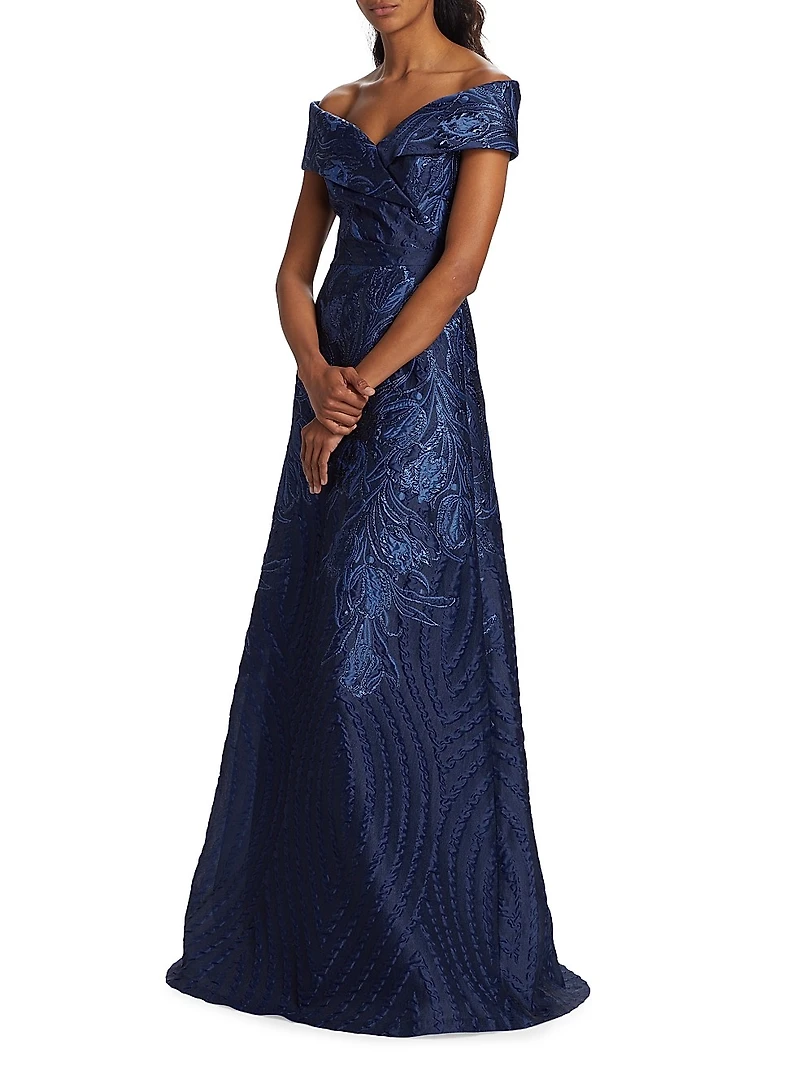 Metallic Floral Off-The-Shoulder Gown